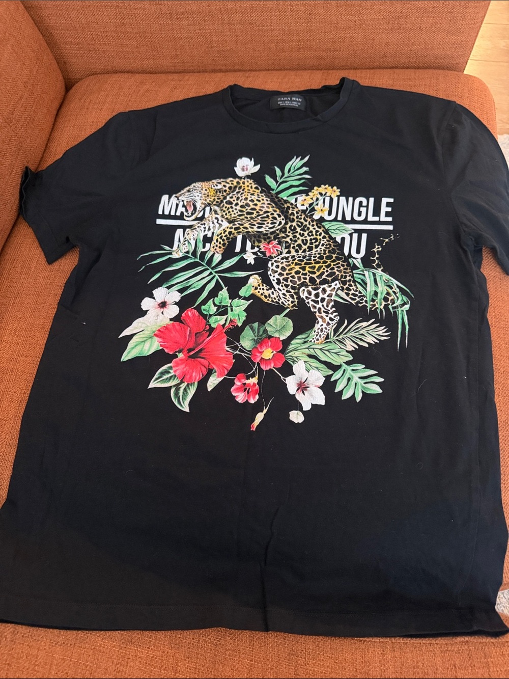 Zara Black Tee with Leopard and Tropical Floral Print